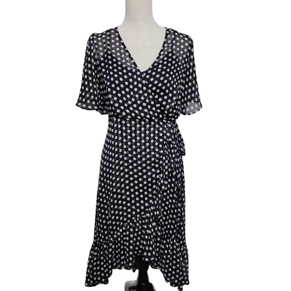 CALVIN KLEIN Blue Polka Dot Maxi Dress Asymmetrical Wrap Sheer Womens Size 6